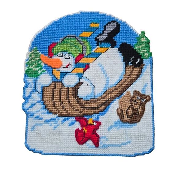 Handmade Snowman Sledding Needlepoint Wall Art Bear Cardinal - Picture 1 of 4